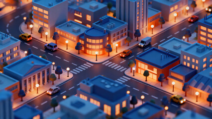 Night View Miniature City 3D Illustration