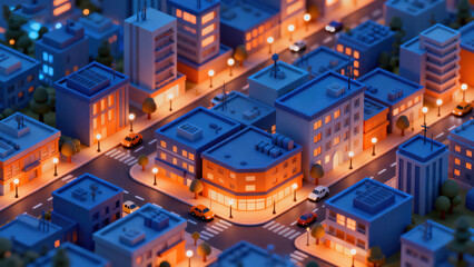 Night View Miniature City 3D Illustration