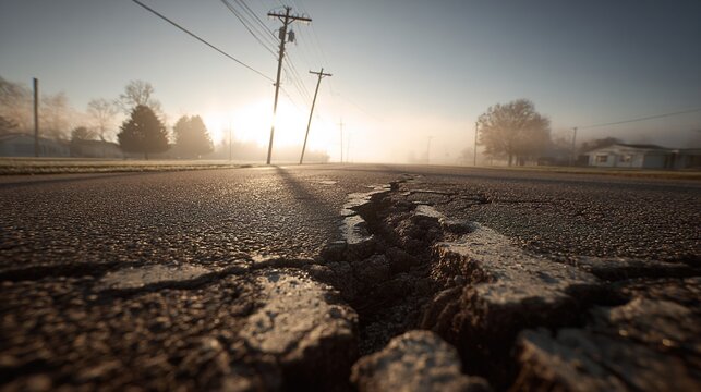 aftershock. Cracked concrete pavement and tilted utility pole after earthquake in morning fog. ESG reports, sustainability campaigns, designed for environmental awareness campaigns.
