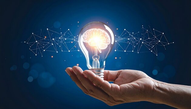 Conceptual image of idea and innovation displayed as a light bulb with a brain inside