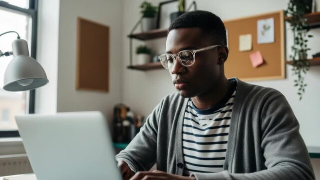 Focused young black male professional working on a laptop computer from a modern home office. African american student or freelancer concentrating on a remote project. Wide panoramic banner