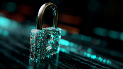 A glowing, intricate digital padlock hovering over a stream of flowing binary code and data streams. Dark background, neon blue and green light, highly detailed, cinematic, symboli