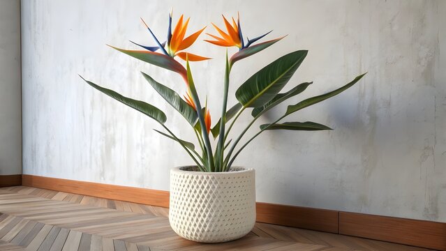 Touch of the Tropics: Bird of Paradise in a Modern White Planter.
Elevating Your Space: Vibrant  in a Textured Geometric Pot.