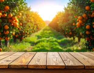 Vibrant orange grove with a wooden table adds a touch of rustic charm and warmth