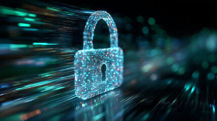 A glowing, intricate digital padlock hovering over a stream of flowing binary code and data streams. Dark background, neon blue and green light, highly detailed, cinematic, symboli