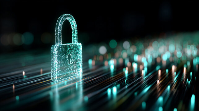 A glowing, intricate digital padlock hovering over a stream of flowing binary code and data streams. Dark background, neon blue and green light, highly detailed, cinematic, symboli