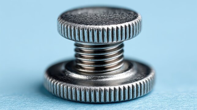 Close-up studio shot of a metal thumb screw, showcasing its fine details and precise threading against a clean, light blue background.