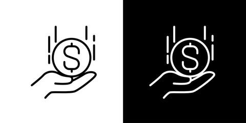 Hand holding a dollar coin with falling coins from above, representing icon or symbol of financial success and gain