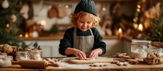 Happy little girl bake christmas cookies on cozy kitchen at home