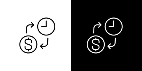 Outline icon illustrating the dynamic relationship between money and time, symbolizing investment, financial growth, business management, and economic value exchange