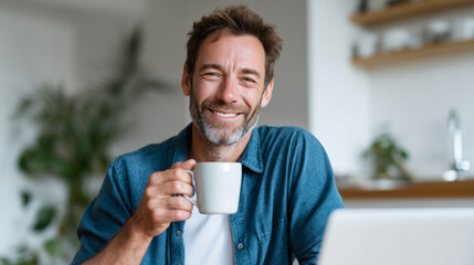 Close up, Smiling man holding mug while using laptop at home