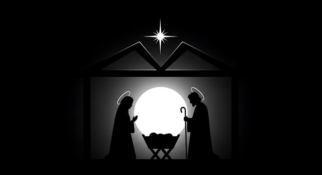 A black and white silhouette of the holy family in a nativity scene with the Star of Bethlehem shining above.