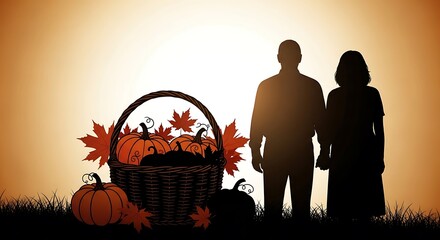 Silhouette of a couple standing in a field with a harvest basket of pumpkins and autumn leaves.