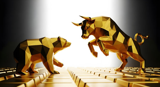 A golden bull and bear facing each other on a keyboard, representing the stock market and financial investment trends