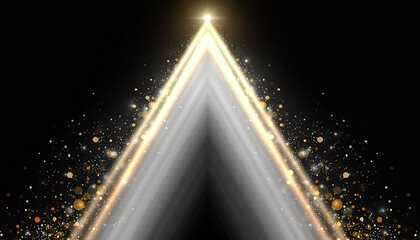 Upward pointing golden light beams with sparkling particles on black background spotlight