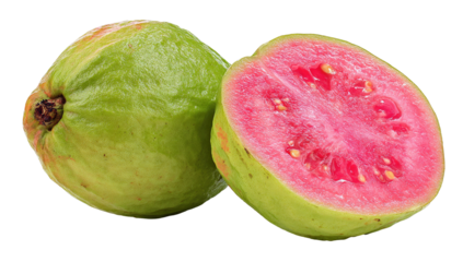 A whole and halved pink guava fruit with seeds against a black background