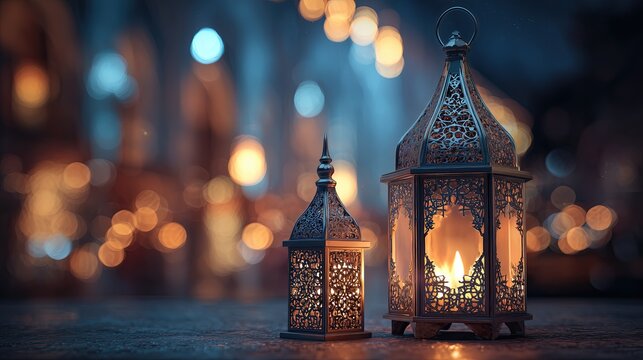 Two ornate lanterns with intricate patterns glowing warmly at night, set against blurred Arabian cityscape with golden bokeh lights, evoking festive and spiritual atmosphere of Ramadan.