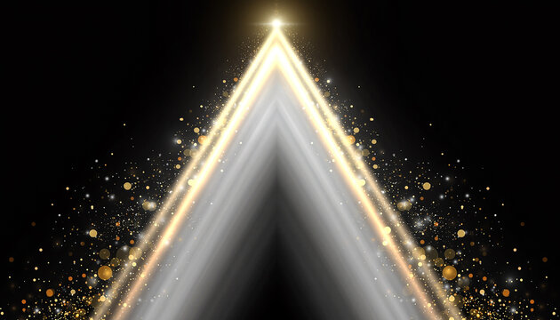 Upward pointing golden light beams with sparkling particles on black background spotlight
