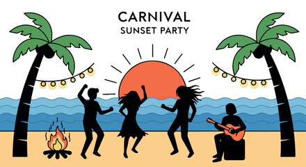 Carnival sunset party with dancing silhouettes and bonfire