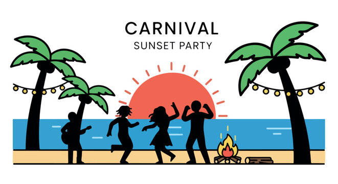 Carnival sunset party on beach with palm trees