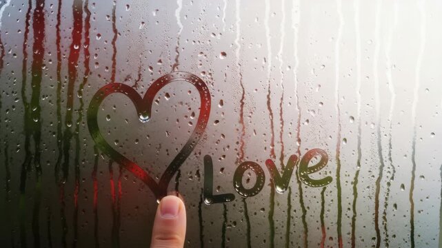 A finger draws a heart and the word love on a wet window with condensation. Romantic message for valentines day expressing affection and feelings. Close up of a hand writing on steamy glass