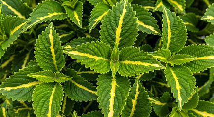 Closeup of vibrant green coleus plant leaves with yellow stripes, showcasing the beauty and intricate patterns of natures foliage