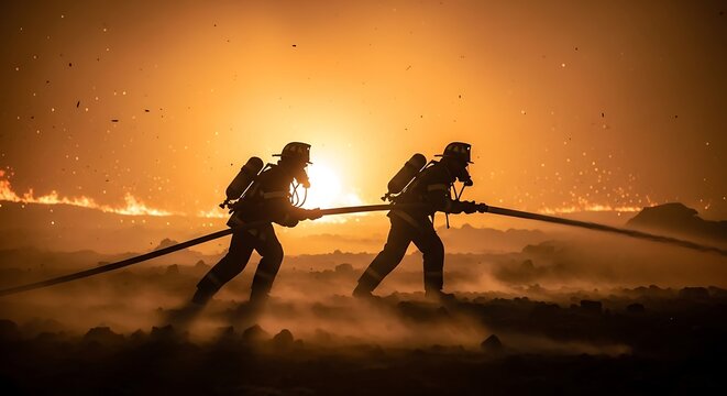 Firefighters battling a wildfire with hoses, silhouetted against a fiery backdrop.