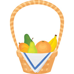 Wicker Basket Filled With Assorted Fresh Fruits Including Oranges Pears Bananas And Avocados With A White Cloth And Blue Trim On A Transparent Background