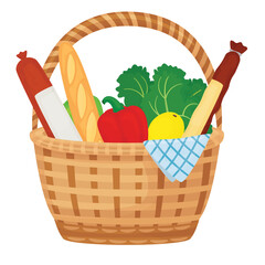 Wicker picnic basket overflowing with fresh food including red bell pepper lettuce lemon baguette sausages cheese and a blue checkered cloth isolated on white background