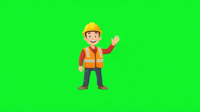 Cheerful cartoon construction worker wearing a safety vest and hard hat on a green background, gesturing with his hand in a welcoming gesture for illustrations and design needs