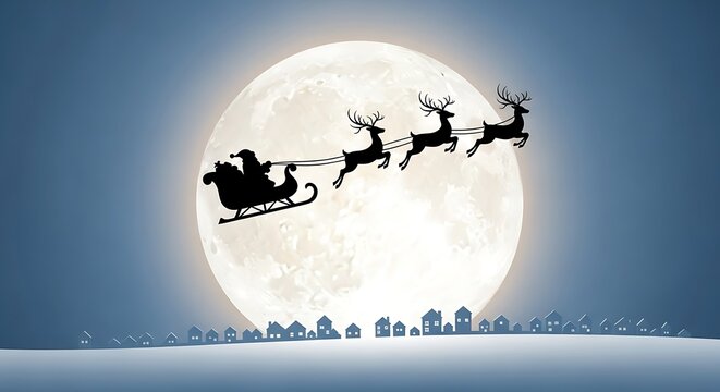 Santa Claus in his sleigh pulled by reindeer against a full moon.