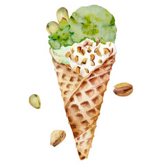 Pistachio ice cream gelato scoop in waffle cone sprinkled with crushed nuts topping. Isolated illustration hand drawn in watercolor. Street food vendor stall, vegan cafe branding, digital recipe book.