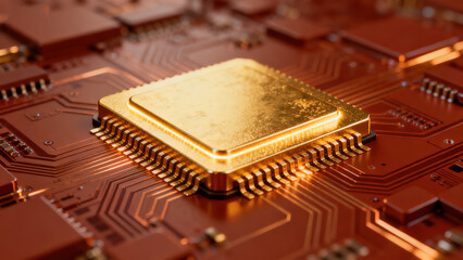 Golden Glowing Chip on Circuit Board High-Tech Device