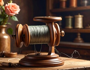 Vintage wooden spool with winding thread in a sewing workshop studio setup