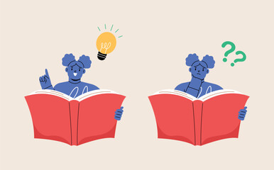 Confused girl and happy to understand or found answer on reading book. Colorful vector illustration.