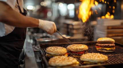 A line cook flipping burgers on a hot grill in a bustling kitchen