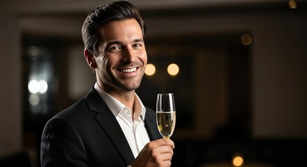 A smiling man in a suit holding a glass of champagne in a dimly lit room.