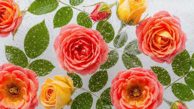 Beautiful pink and yellow roses with green leaves submerged in sparkling water. Seamless floral panoramic banner for a fresh and natural background. Elegant nature pattern