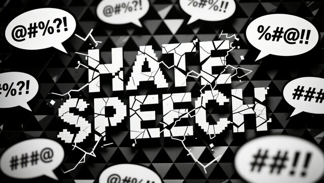 A bold broken text showing hate speech with noisy bubbles of censored marks over a dark sharp pattern digital copyright or patent