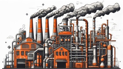 Illustration depicting a complex industrial facility with multiple smokestacks emitting pollution