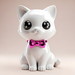 White kitten with sparkly eyes and pink bow tie sits attentively