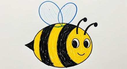 A charming and simple cartoon drawing of a bee with a striped yellow and black body, blue wings, and a happy face.