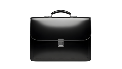 Sleek black leather briefcase with silver clasp on black background
