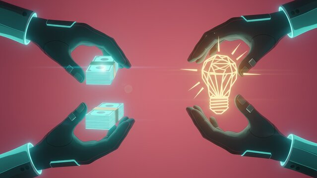 A gloved hands offer neon money blocks as another hand lifts a warm crystal idea orb in bright magenta glow digital copyright or patent