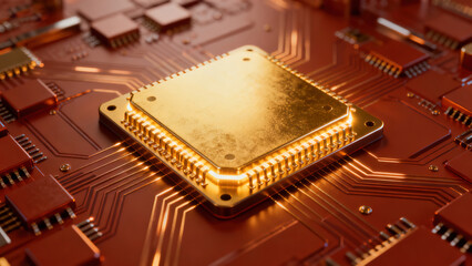 Golden Glowing Chip on Circuit Board High-Tech Device