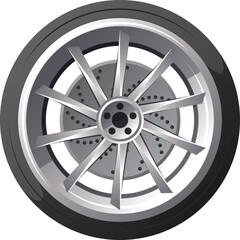 Obraz premium Shiny Silver Alloy Wheel With Black Tire And Disc Brakes Detailed With Numerous Small Holes On A Transparent Background Representing Automotive Part For Vehicle Transportation