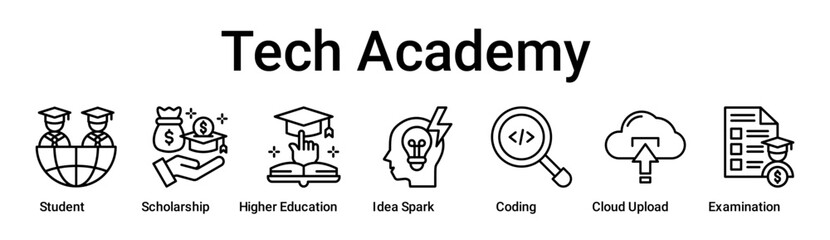 Tech Academy banner web icon vector illustration concept for education with icon of Student, Scholarship, Higher Education, Idea Spark, Coding, Cloud Upload.