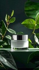 Minimalist skincare product shot with green botanical accents for spa and wellness marketing.