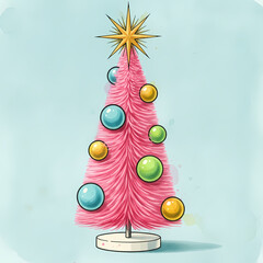Vibrant pink Christmas tree adorned with colorful ornaments and star topper