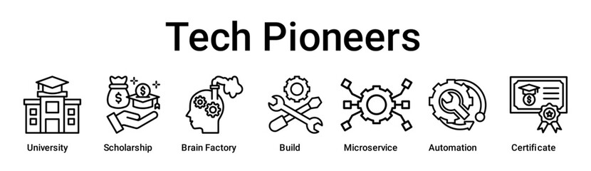 Tech Pioneers banner web icon vector illustration concept for education with icon of University, Scholarship, Brain Factory, Build, Microservice, Automation.